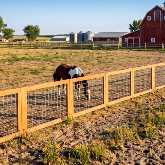 Horse grazing behind wooden fence